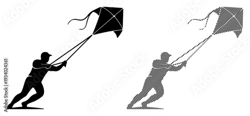Person flying a kite on a windy day, silhouette illustration