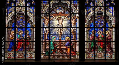 Stunning stained glass window depicting crucifixion scene in church