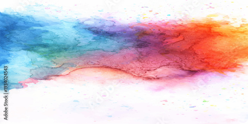 An artistic rainbow splash of colorful watercolor paint creates an abstract grunge texture pattern with blue, pink, and orange ink brush strokes on paper wallpaper design