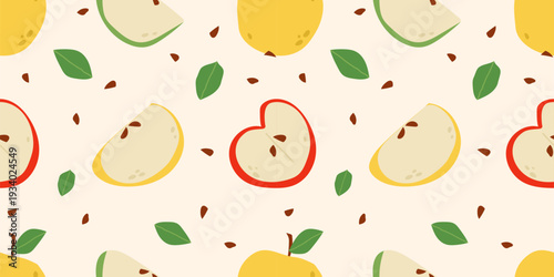 Seamless pattern with apple slices and halves on light background. Fresh fruit repeat design ideal for fabric, wrapping paper, packaging and kitchen decor