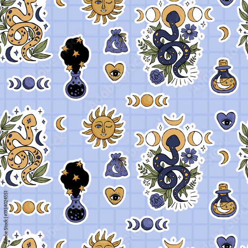 Witchy Seamless Pattern with Mystical Snake, Flowers, Moon Phase and Sun, Bottle Magic Potion on Blue Checkered Background. Repeating Hand Drawing template. Vector illustration