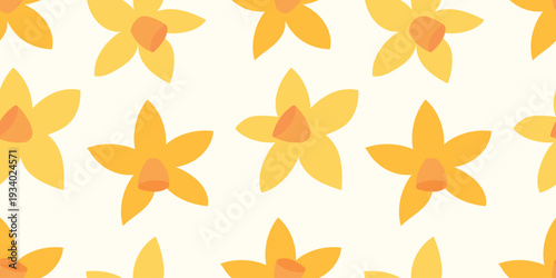 Seamless pattern with bright yellow daffodils. Spring flowers. For spring events, packaging, Mother's Day, greetings