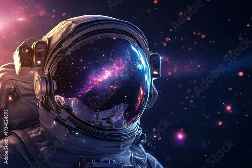 Close up of astronaut helmet reflecting colorful galaxy with stars and cosmic dust in deep space, creating mysterious and awe inspiring atmosphere