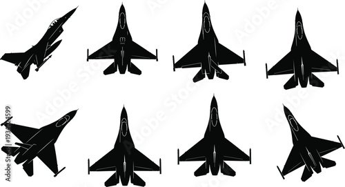 Fighter Jet Silhouette Collection with Multiple Angles and Perspectives Isolated on White Background, Military Aircraft Set for Aviation, Defense and Air Force Design Projects