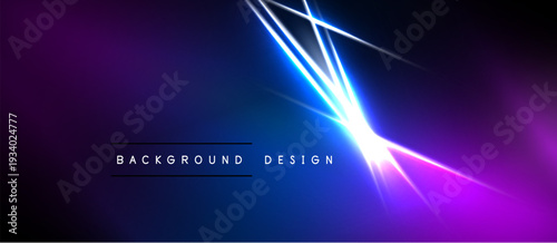Abstract neon background. Vibrant purple, blue gradients create dynamic light effects. Diagonal lines radiate from central bright point.