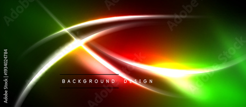Abstract neon lines create vibrant energy. Green, red, yellow hues blend into dark background. Modern design element.