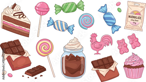 Hand Drawn Candy and Chocolate Set with Lollipops Cupcake Gummy Bears Caramel Sweets and Dessert Elements Isolated Colorful Confectionery Collection