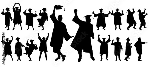 Set of silhouettes of graduate students with graduation cap  in different poses, celebrating education success. Vector illustration.