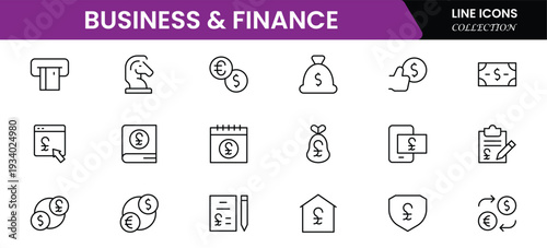 Business and Finance line icons collection. Big UI icon set in a flat design. Thin outline icons pack. Vector illustration