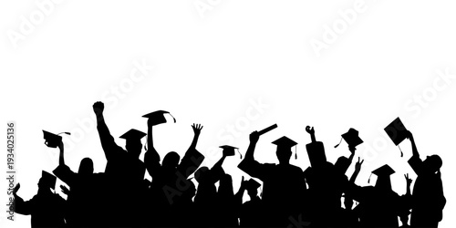 Graduating students celebrating success throwing graduation caps. Crowd of silhouettes. Vector illustration.