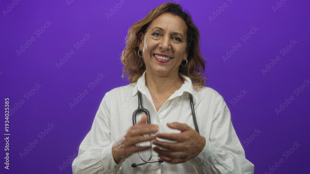 Fototapeta premium Middle aged hispanic woman doctor with stethoscope smiling and clapping hands in a purple studio; celebration.