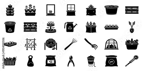Large Set of Gardening and Planting Vector Icons. Black Silhouettes on White Background.