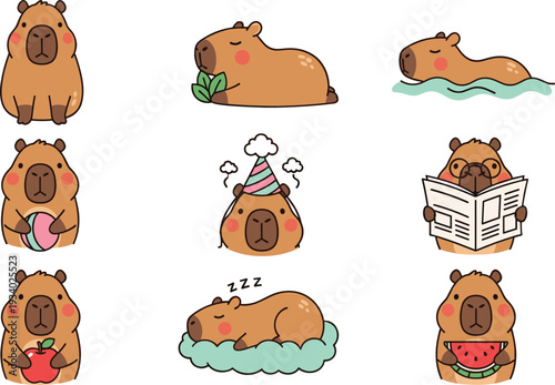 Cute Capybara Cartoon Character Collection Vector Illustration Set with Funny Daily Activities