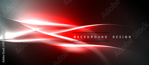 Abstract red design features dynamic light streaks. Smooth curves create modern visual impact. Dark background enhances glowing effect.