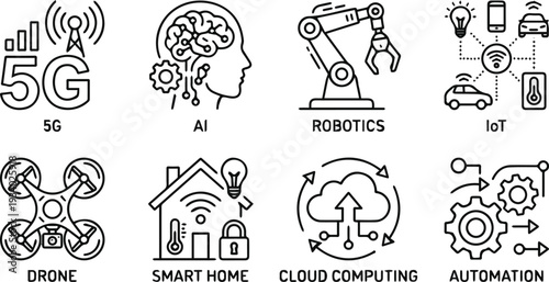 Create a realistic Technology outline icon set. Featuring 5g, AI, robotics, IoT, drone, smart home, cloud computing, and automation icons. Line icon collection. vector art with white background.