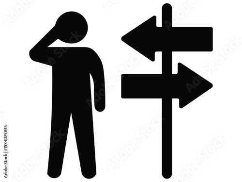 Confused stick figure facing two opposite direction signs