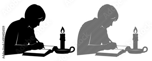 Silhouette of a child diligently writing by candlelight, emphasizing focus and study.