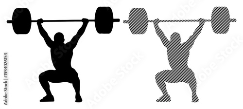 Silhouette of a strong athlete lifting a heavy barbell overhead in a deep squat