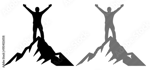 Silhouette of a person celebrating victory on a mountain peak with outstretched arms