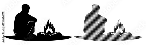 Solitary figure finds warmth and contemplation beside a glowing campfire at dusk