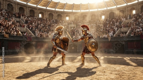 Ancient roman gladiator standing proud in coliseum arena before crowd concept. Epic battle scene in a historic arena, showcasing ancient warriors.