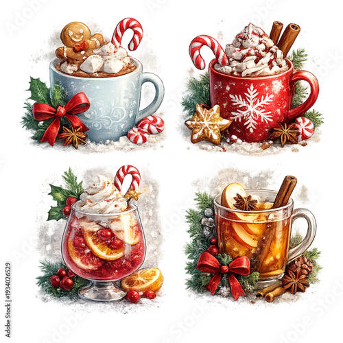festive holiday drinks, Christmas beverages, winter drinks assortment, hot cocoa, mulled wine, eggnog, peppermint latte, holiday cocktails, warm drinks, seasonal beverages, cozy winter vibes, Christma