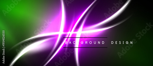 Abstract neon lines over dark background. Vibrant green, purple hues create dynamic visual effect. Modern design element.