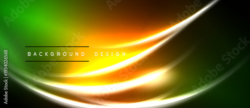 Vibrant abstract waves, green to orange gradient. Smooth curves create dynamic visual effect. Dark background enhances luminosity.