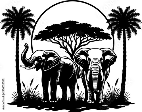 Two elephants under acacia tree with palm trees and sun