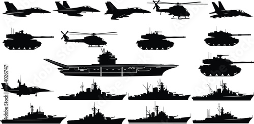 Military Vehicles and Warships Silhouettes Collection Isolated on White Background, Fighter Jets, Helicopters, Tanks and Aircraft Carrier Black Vector Illustration Set