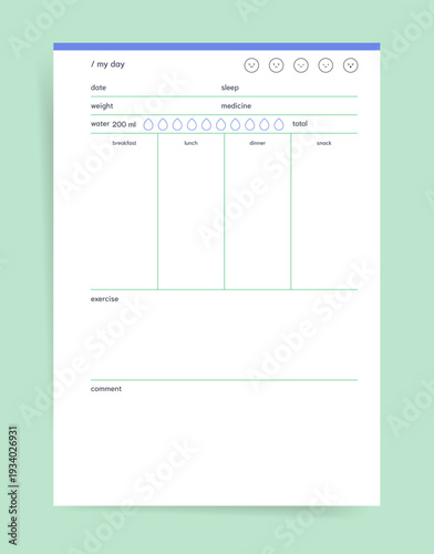 Daily Log Planner. Printable my day planner for tracking meals, water, sleep, weight, medicine, exercise, mood and comments. Simple wellness tracker for organizing health
