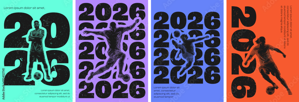 Fototapeta premium Retro halftone sports poster with soccer player silhouette and distressed texture for 2026