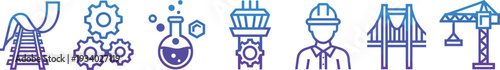 Industrial engineering and construction icons set, factory worker machinery bridge crane chemical laboratory vector illustration collection