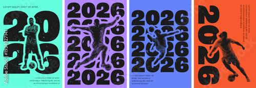 Retro halftone sports poster with soccer player silhouette and distressed texture for 2026