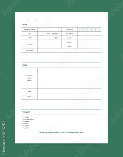 Daily wellness tracker planner. Printable planner page for body, mind and thought. Track sleep hours, meals, water, medicine, exercise, mood, gratitude and thoughts. Minimalist planner for self care

