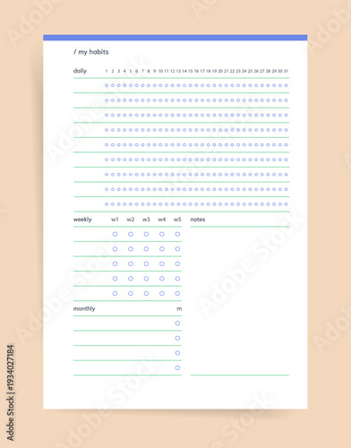 Habits Tracker Planner. Printable planner page with daily, weekly and monthly habit tracking rows and notes section; minimalist habit tracker for routines and productivity
