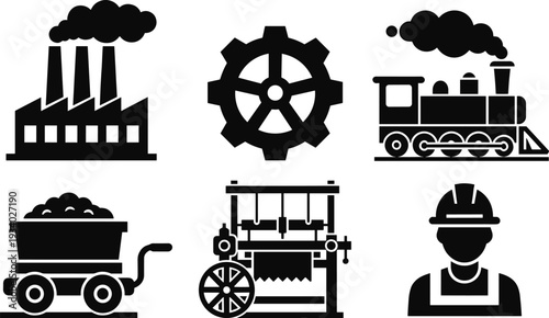 Industrial factory and manufacturing icons set, steam train, gear wheel, mining cart, worker helmet vector illustration
