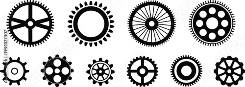 Industrial gear icons set, black cogwheel collection, mechanical engineering symbols, machine parts vector illustration isolated on white