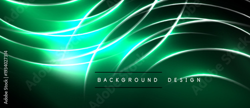 Abstract green background features flowing light lines. Modern design evokes energy, movement, depth. Dark space contrasts bright curves.