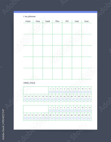 Monthly planner, printable planner page with blank calendar grid and daily check trackers. A5 size monthly planner for habit tracking, scheduling and productivity