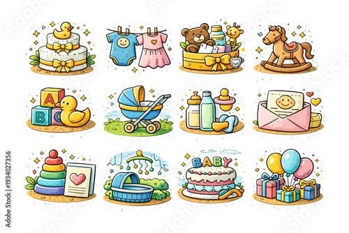 Cute baby icons collection with toys, clothes, and gifts.