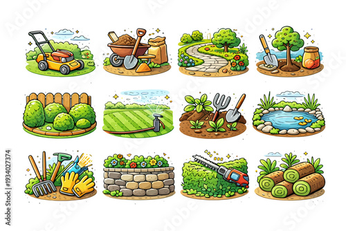 Garden tools and activities: lawn care, planting, landscaping, hedge trimming, watering.