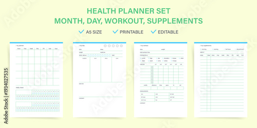 Health planner, printable planner set of four A5 pages including monthly planner, daily health log, workout tracker and supplements tracker. Minimal editable health planner for wellness