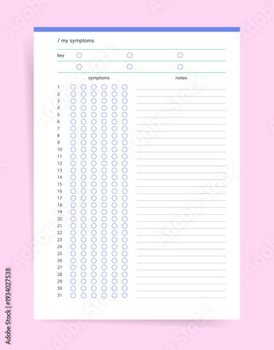 Symptoms tracker planner. Printable planner page for daily symptom tracking with key and notes section; monthly log with circles and lined notes for health observation and journaling
