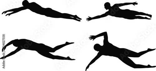 Swimming athlete silhouette set, freestyle and diving poses isolated on white background for sport fitness training illustration