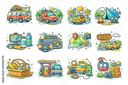 Colorful road trip icons: camping, travel, and adventure symbols collection.
