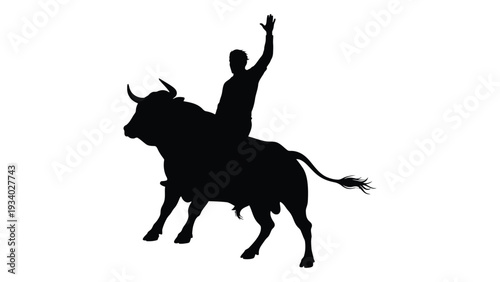 A man on a bull with his arm raised isolated on white background, Vector