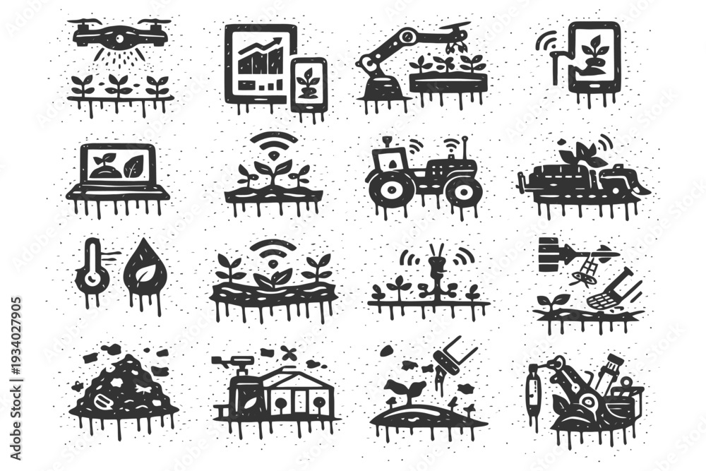 Obraz premium Smart agriculture technology icons: drones, robots, sensors, and automated farming.