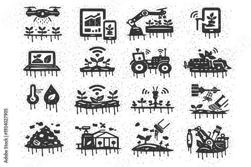 Smart agriculture technology icons: drones, robots, sensors, and automated farming.