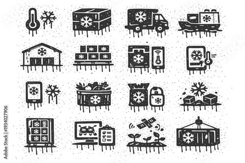 Cooling logistics icons: cold chain management symbols in black and white.